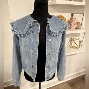 NWT‼️Anthropologie Light Blue Jean Jacket with Ruffle Collar by Mable -XXS